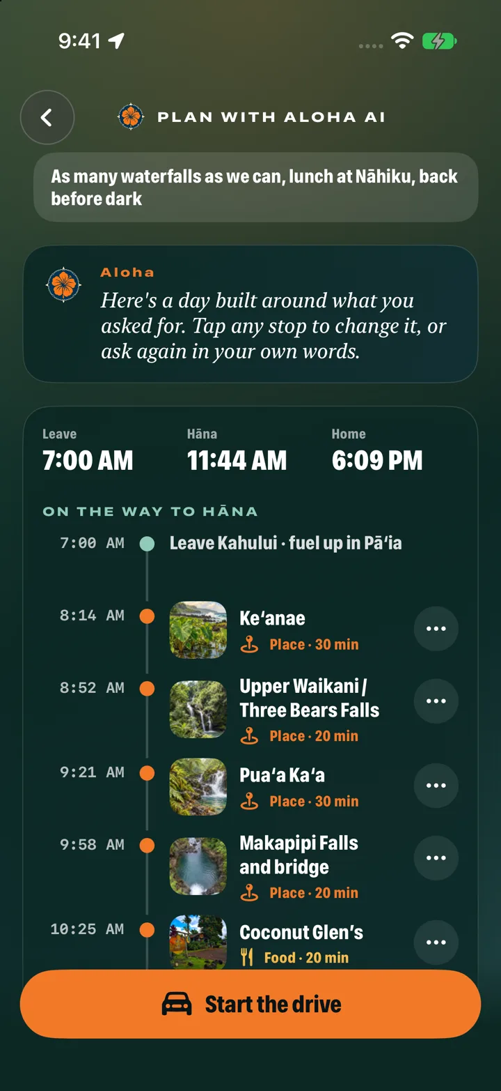 Aloha AI building a Road to Hāna day plan from a traveler’s wish
