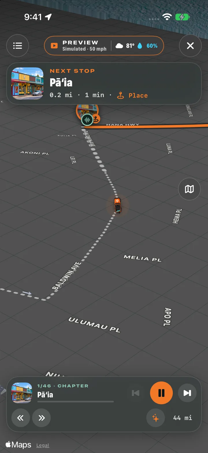 The Road to Hāna drive with the Jeep on the map, the next stop and the story player