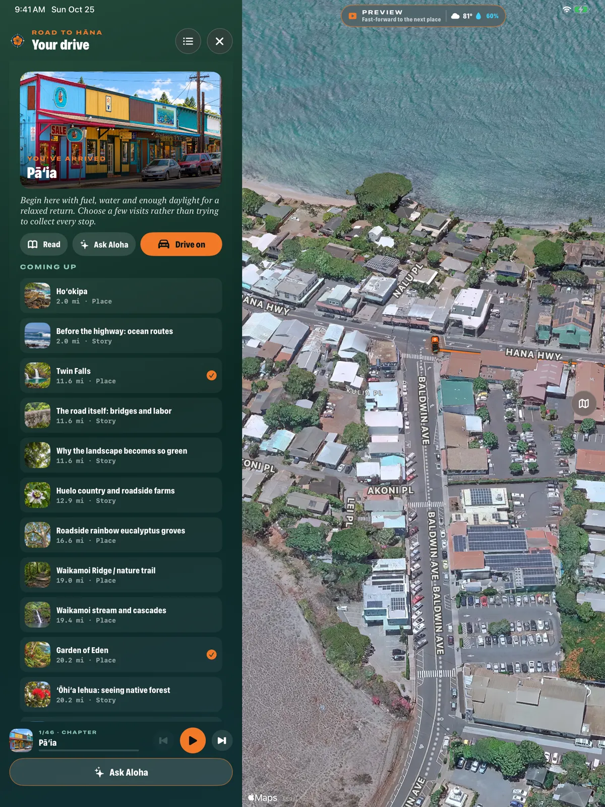 The Road to Hāna drive on iPad: your next stop and the coming places beside the satellite map
