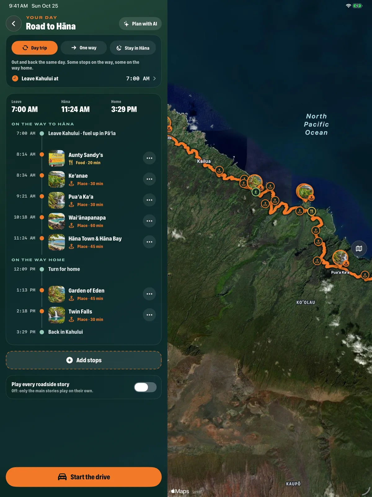Your Road to Hāna day plan beside the satellite map on iPad